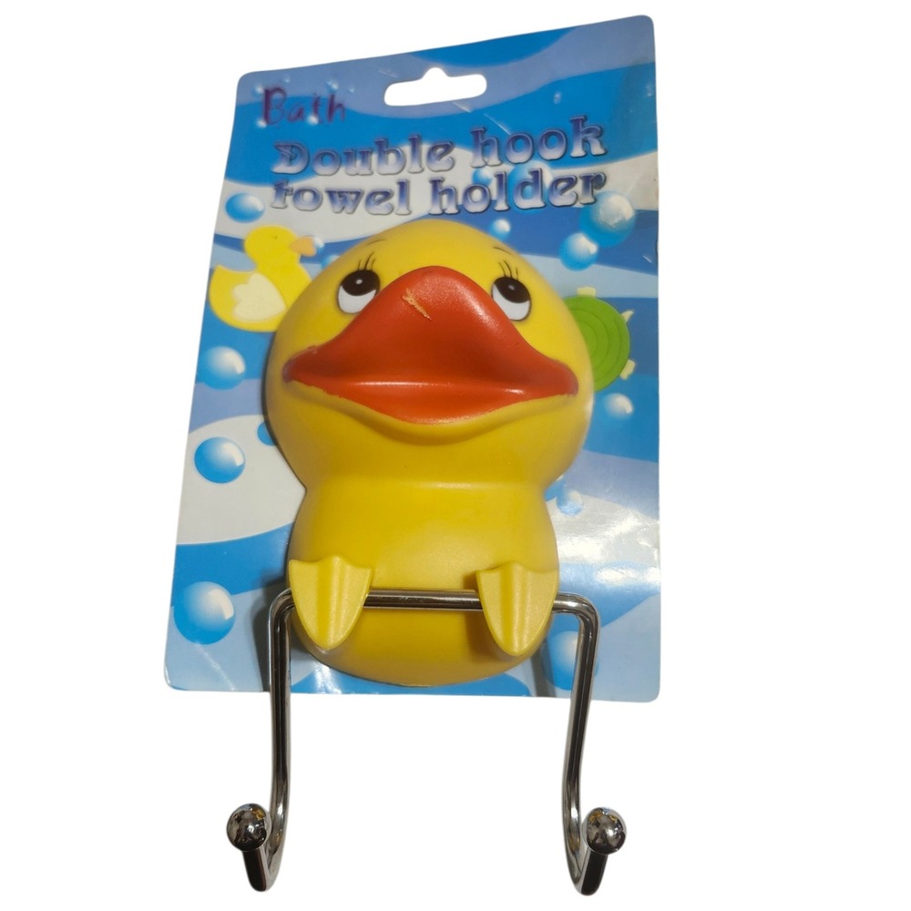 Bath Essentials Yellow Rubber Duck Double Hook Towel‎ Holder Suction Cup BK4162